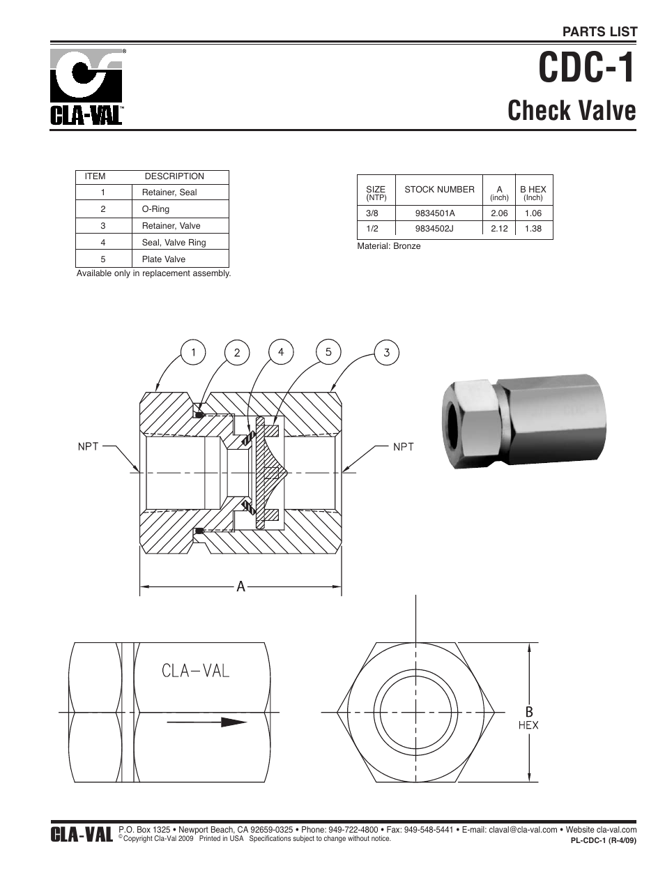 Cdc-1, Check valve, Cla-val | Parts list | Cla-Val 92-01/692-01 Technical Manual User Manual | Page 23 / 28