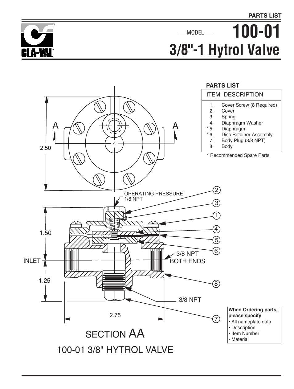 3/8"-1 hytrol valve, 01 3/8" hytrol valve | Cla-Val 93-01/693-01 Technical Manual User Manual | Page 23 / 42