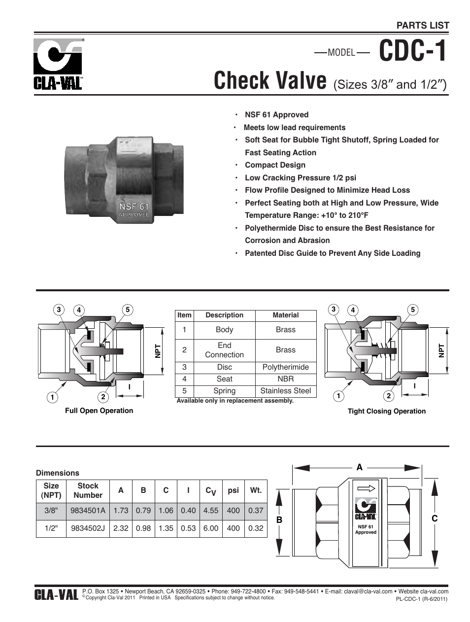 Cdc-1, Check valve, Cla-val | Sizes 3/8” and 1/2”), Parts list, Model | Cla-Val 590-01/6590-01 Technical Manual User Manual | Page 16 / 21