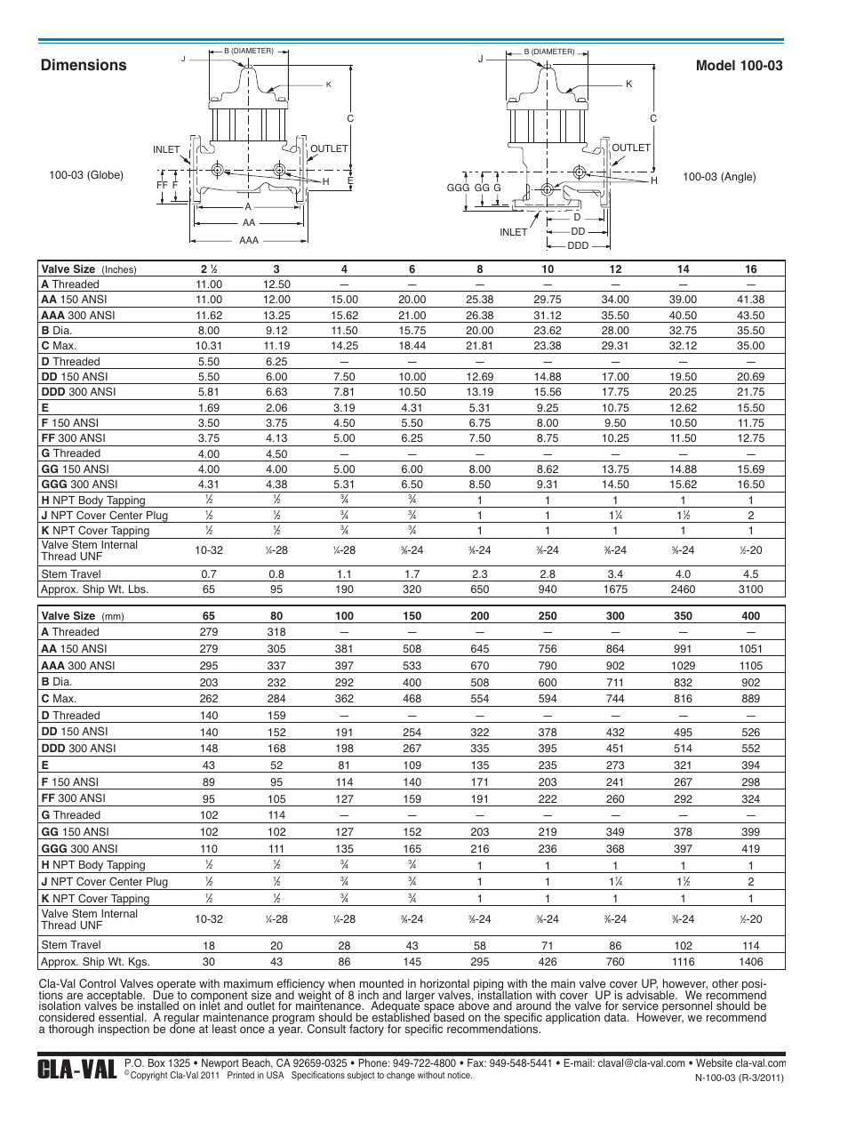 Cla-val, Dimensions | Cla-Val 60-11/660-11 Technical Manual User Manual | Page 12 / 27