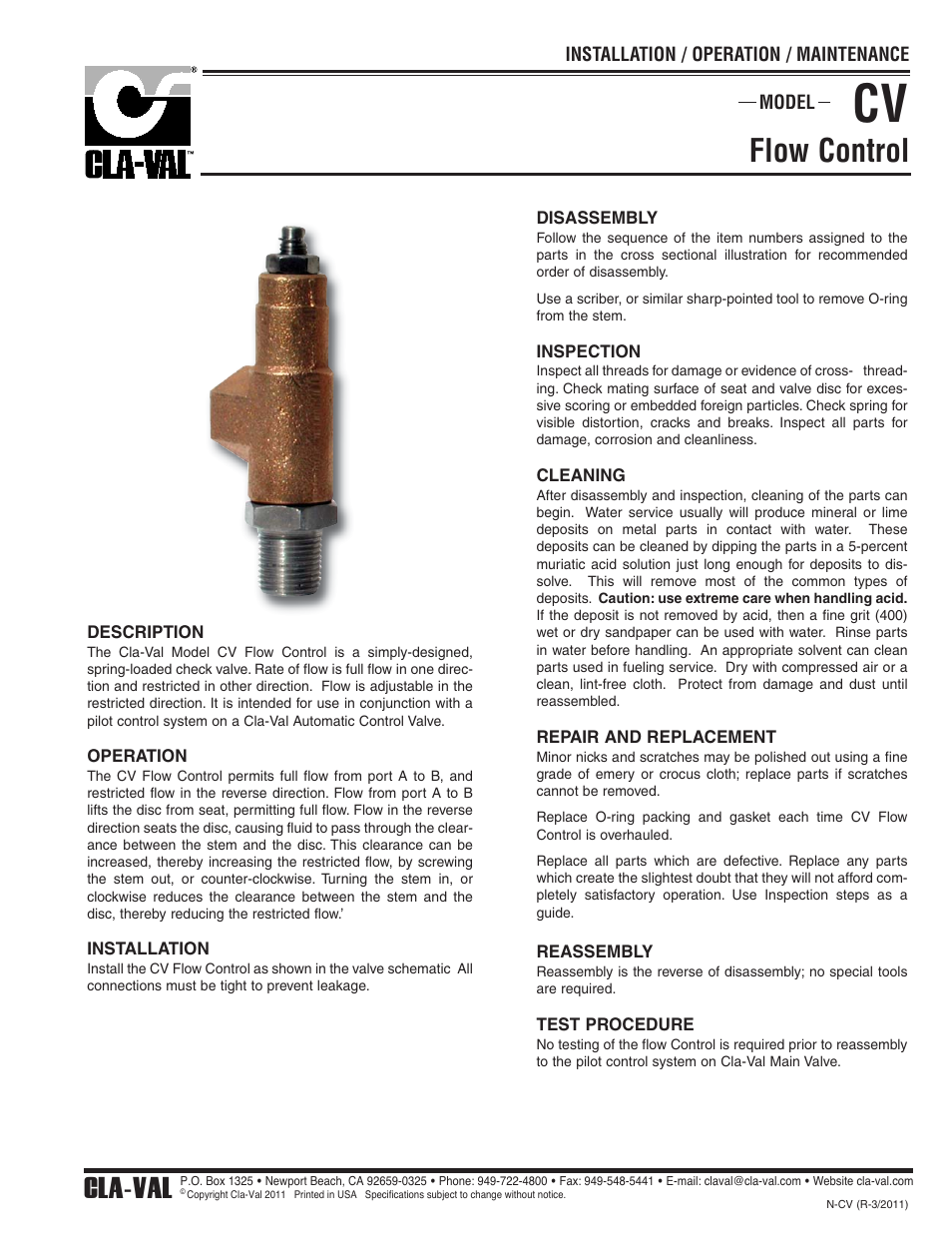 Flow control, Cla-val | Cla-Val 60-11/660-11 Technical Manual User Manual | Page 13 / 27