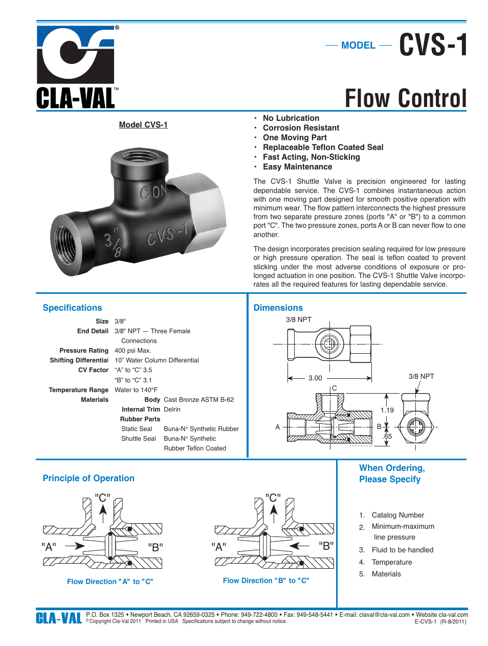 Cvs-1, Flow control, Cla-val | B" "a" "c" "a" "c" "b, Model | Cla-Val 60-11/660-11 Technical Manual User Manual | Page 20 / 27