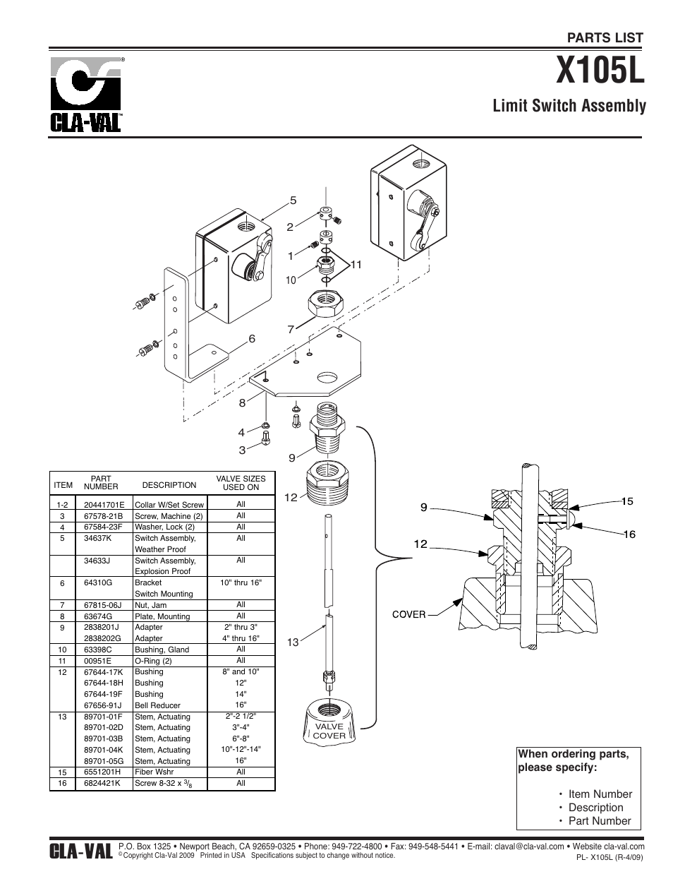 X105l, Cla-val, Limit switch assembly | Parts list | Cla-Val 61-02/661-02 Technical Manual User Manual | Page 25 / 34