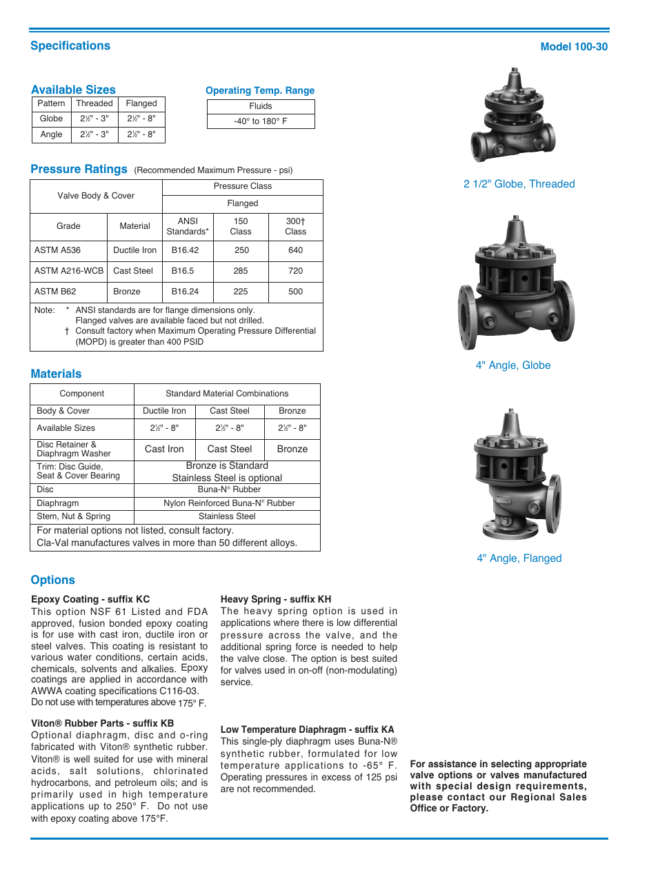 Options, Specifications, Materials available sizes | Pressure ratings | Cla-Val 60-73/660-73 Technical Manual User Manual | Page 10 / 36