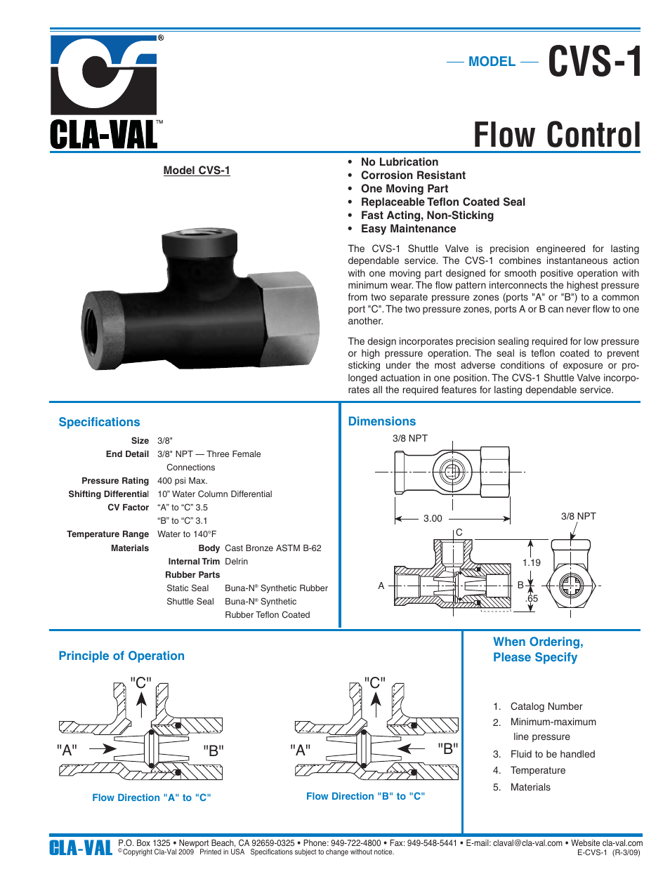 Cvs-1, Flow control, Cla-val | B" "a" "c" "a" "c" "b, Model | Cla-Val 60-73/660-73 Technical Manual User Manual | Page 25 / 36