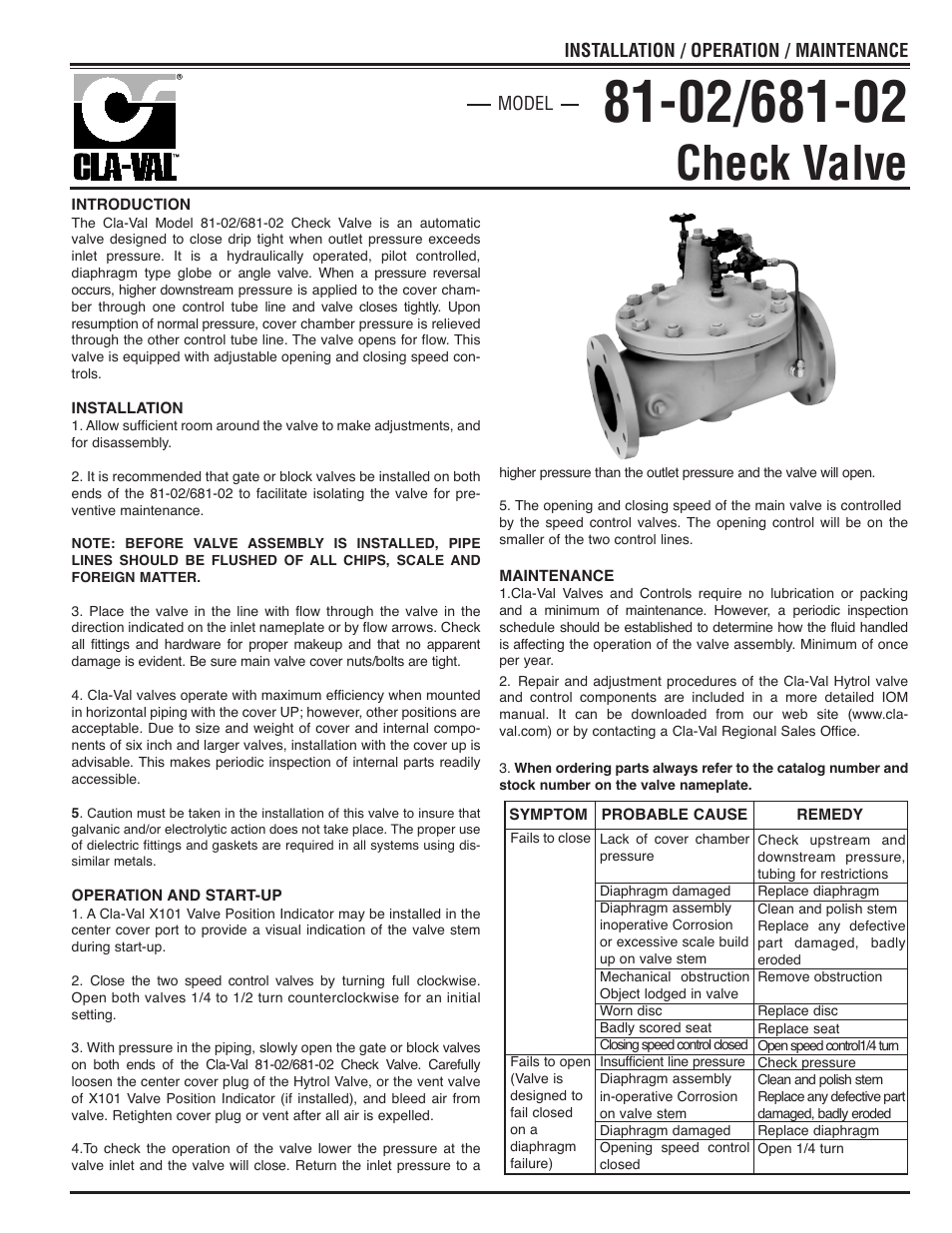 Cla-Val 81-02/681-02 Quick Manual User Manual | 2 pages