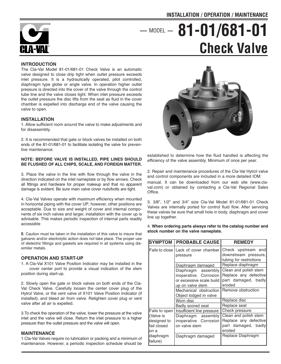 Cla-Val 81-01/681-01 Quick Manual User Manual | 2 pages