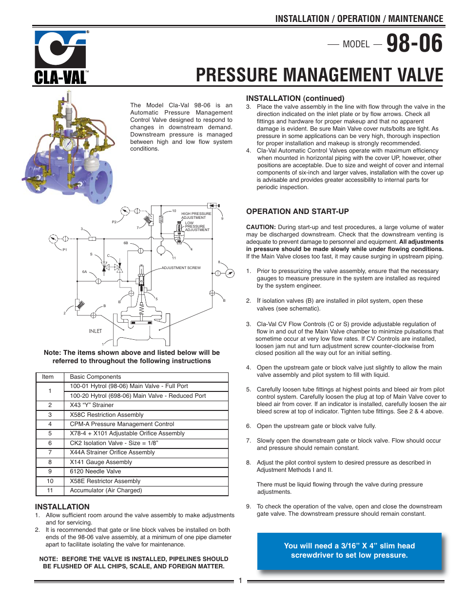 Cla-Val 98-06/698-06 Quick Manual User Manual | 4 pages