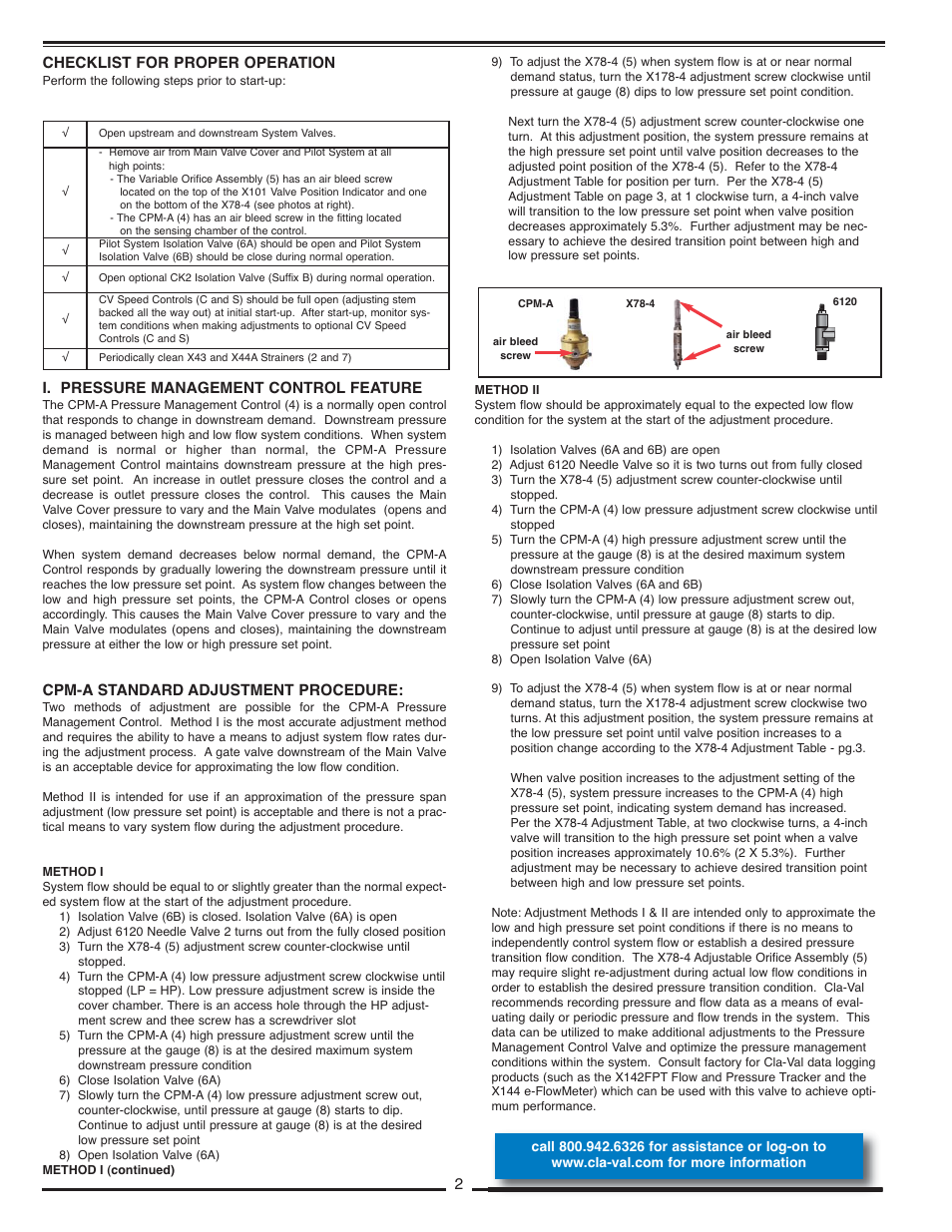 Checklist for proper operation, I. pressure management control feature, Cpm-a standard adjustment procedure | Cla-Val 98-06/698-06 Quick Manual User Manual | Page 2 / 4