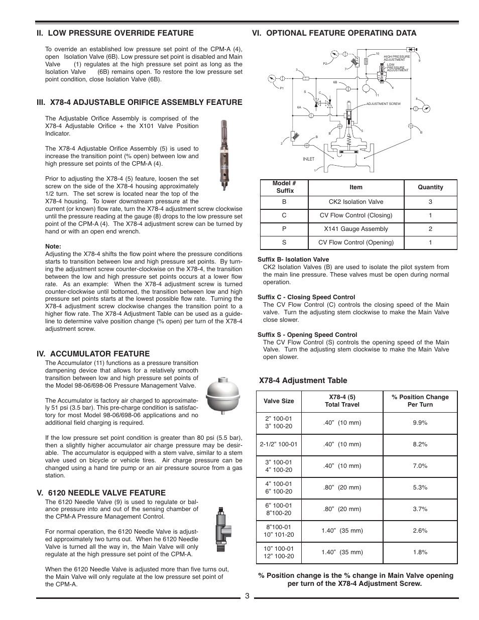 Ii. low pressure override feature, Iii. x78-4 adjustable orifice assembly feature, Iv. accumulator feature | V. 6120 needle valve feature, Vi. optional feature operating data, X78-4 adjustment table | Cla-Val 98-06/698-06 Quick Manual User Manual | Page 3 / 4