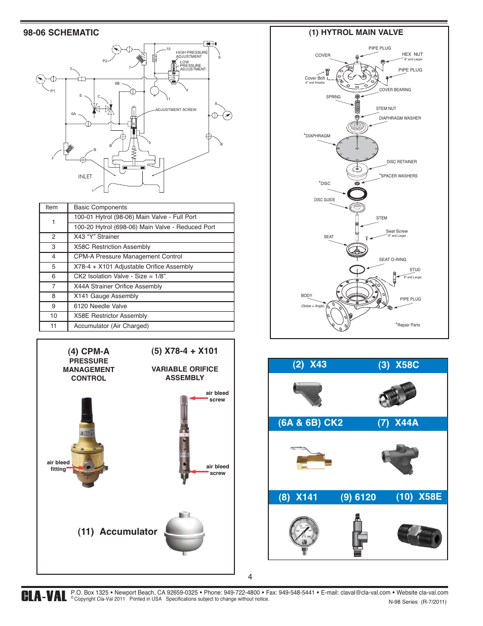 Cla-val, 11) accumulator, 06 schematic (4) cpm-a | 1) hytrol main valve, Pressure management control, Variable orifice assembly | Cla-Val 98-06/698-06 Quick Manual User Manual | Page 4 / 4