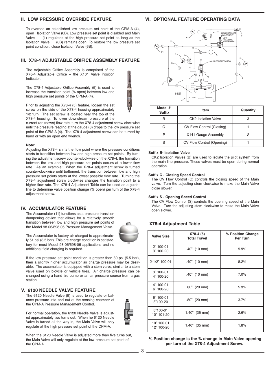 Ii. low pressure override feature, Iii. x78-4 adjustable orifice assembly feature, Iv. accumulator feature | V. 6120 needle valve feature, Vi. optional feature operating data, X78-4 adjustment table | Cla-Val 98-06/698-06 Technical Manual User Manual | Page 11 / 36