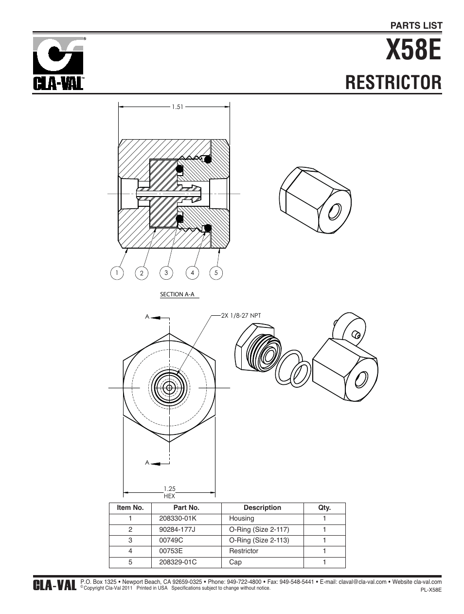 X58e, Restrictor, Cla-val | Parts list | Cla-Val 98-06/698-06 Technical Manual User Manual | Page 30 / 36