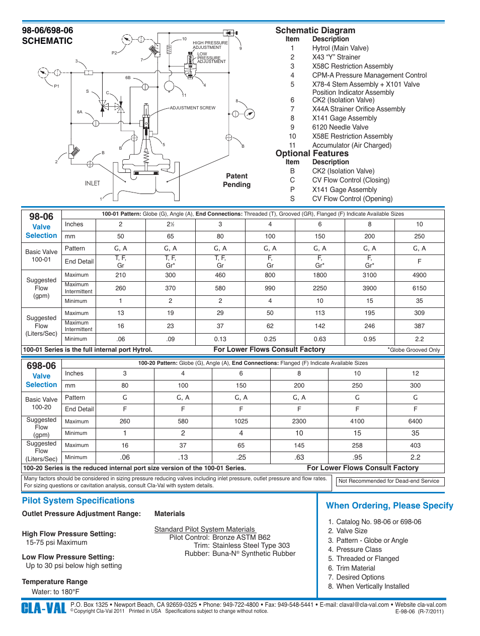 Cla-val, When ordering, please specify, Pilot system specifications | Schematic diagram, Optional features | Cla-Val 98-06/698-06 Technical Manual User Manual | Page 8 / 36