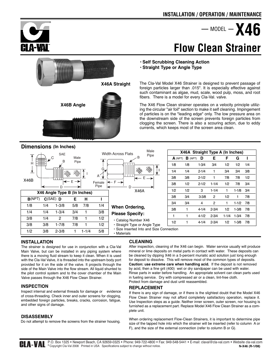 Flow clean strainer, Cla-val, Dimensions | Model installation / operation / maintenance | Cla-Val 43-01/643-01 User Manual | Page 26 / 35