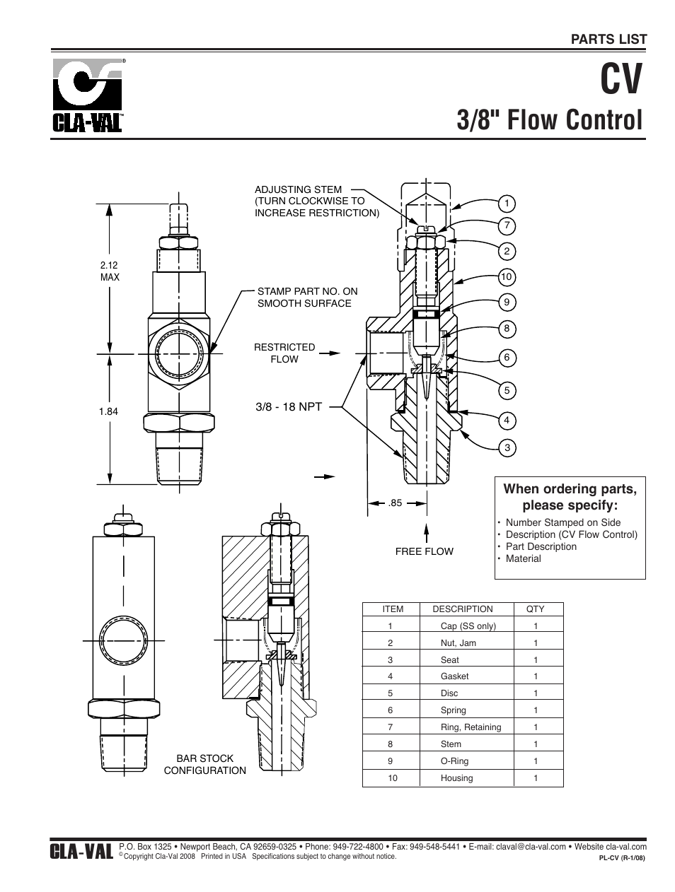 3/8" flow control, Cla-val, When ordering parts, please specify | Parts list | Cla-Val 43-01/643-01 User Manual | Page 29 / 35