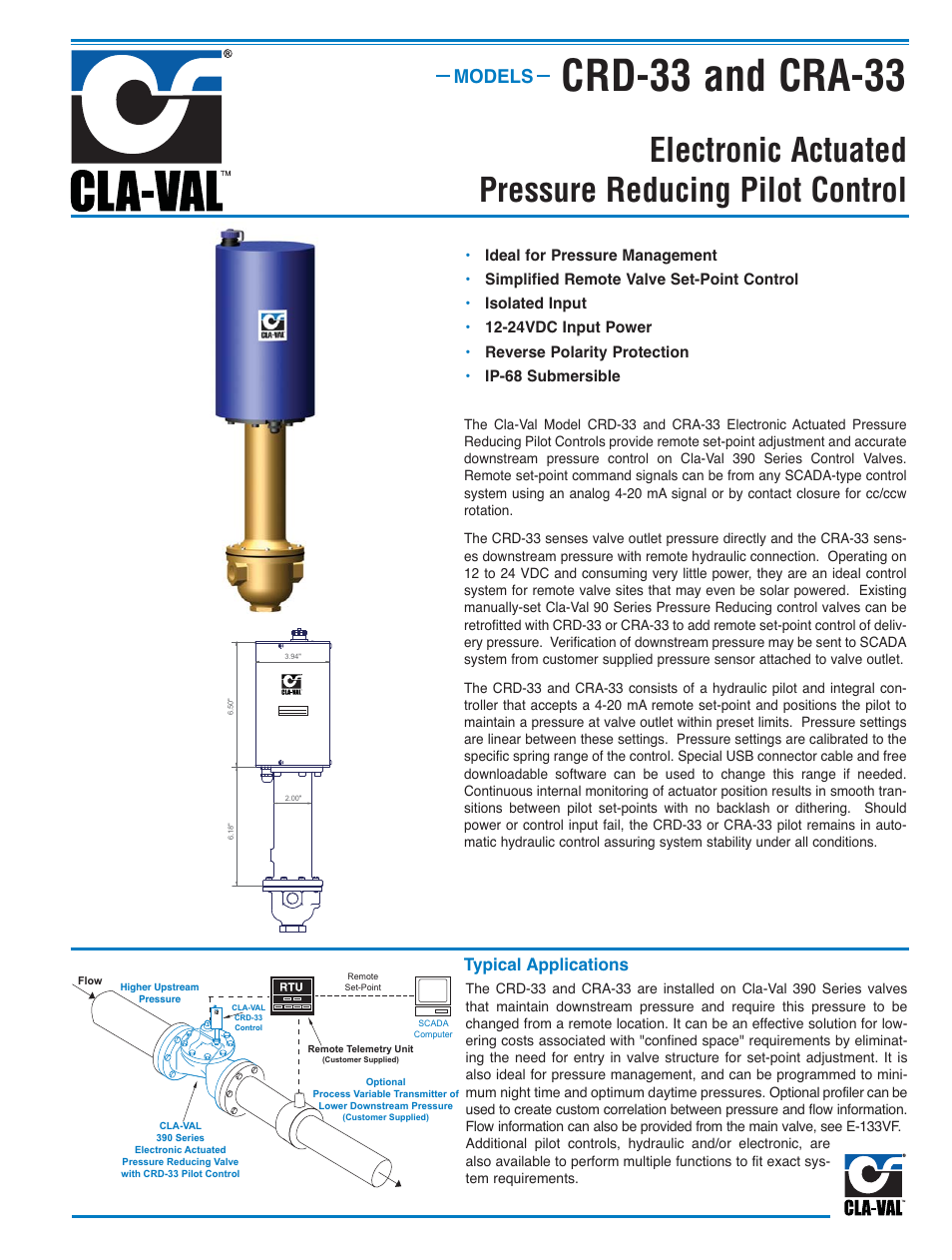 Crd-33 and cra-33, Models, Typical applications | Cla-Val 390-07/3690-07 User Manual | Page 17 / 40