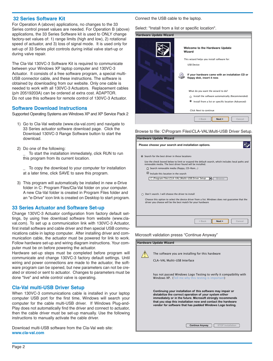 32 series software kit, Software download instructions, 33 series actuator and software set-up | Cla-val multi-usb driver setup | Cla-Val 390-07/3690-07 User Manual | Page 21 / 40