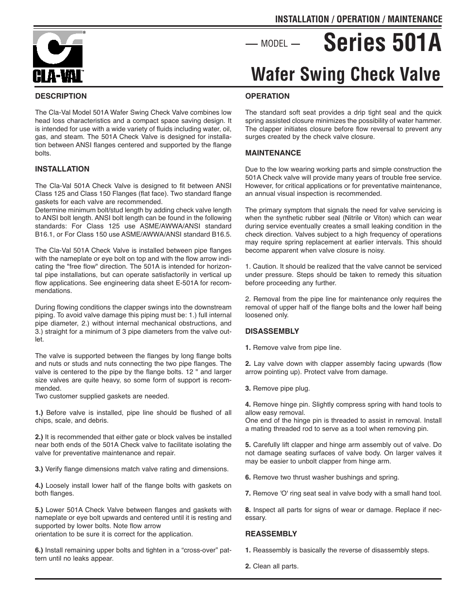 Cla-Val 501A Series User Manual | 2 pages