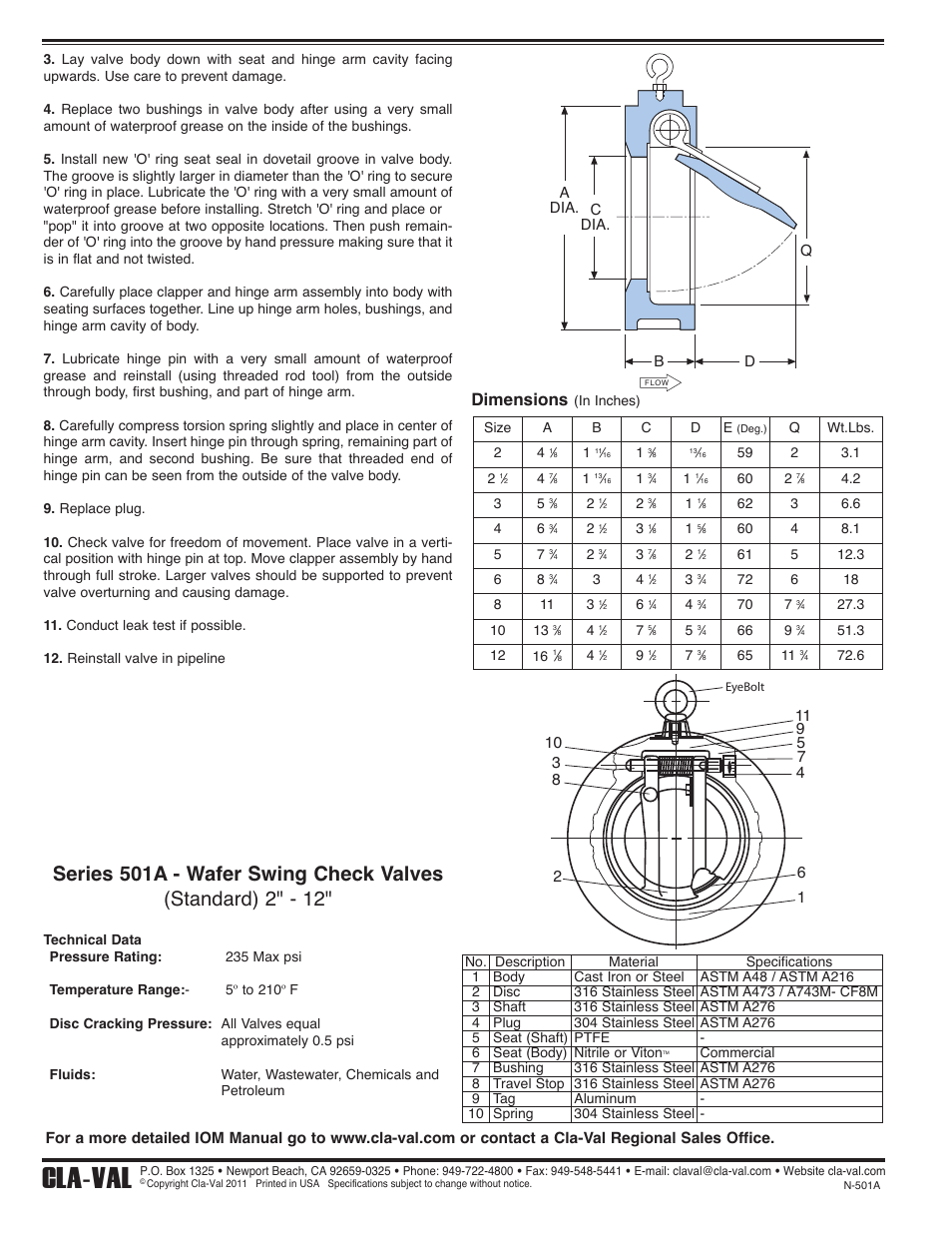 Cla-val, Dimensions | Cla-Val 501A Series User Manual | Page 2 / 2