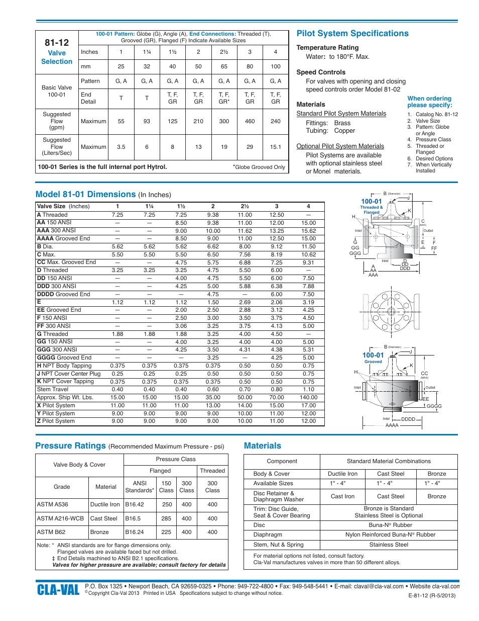 Cla-val, Pilot system specifications, Model 81-01 dimensions | Pressure ratings, Materials | Cla-Val 81-12 User Manual | Page 2 / 2