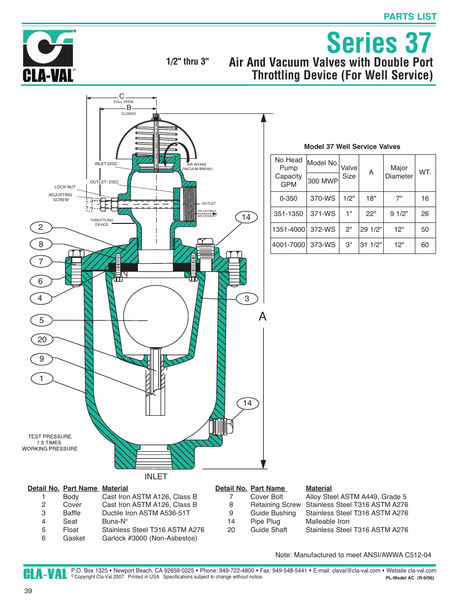 Series 37, Cla-val, 1/2" thru 3 | Parts list | Cla-Val 37 Series User Manual | Page 4 / 6