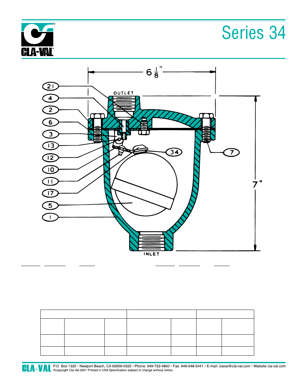 Series 34, Air release valve – simple lever type | Cla-Val 36 Series User Manual | Page 3 / 7