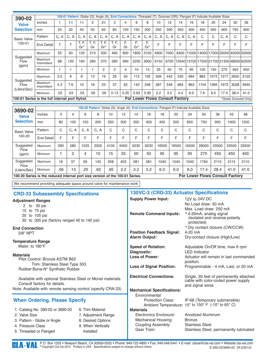 Cla-val, When ordering, please specify | Cla-Val 390-02/3690-02 User Manual | Page 8 / 44