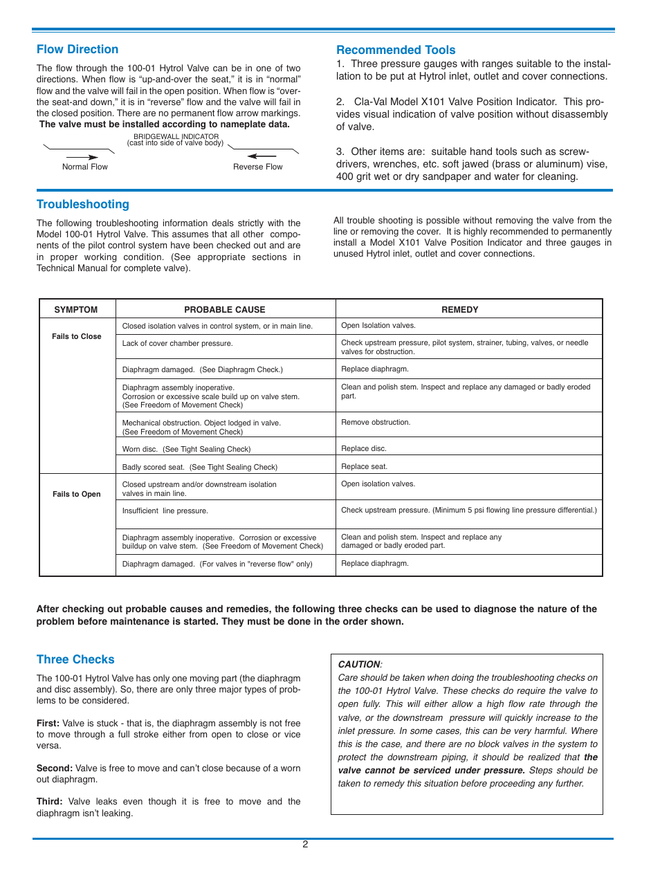 Flow direction, Troubleshooting, Three checks | Recommended tools | Cla-Val 133-01/633-01 User Manual | Page 12 / 47
