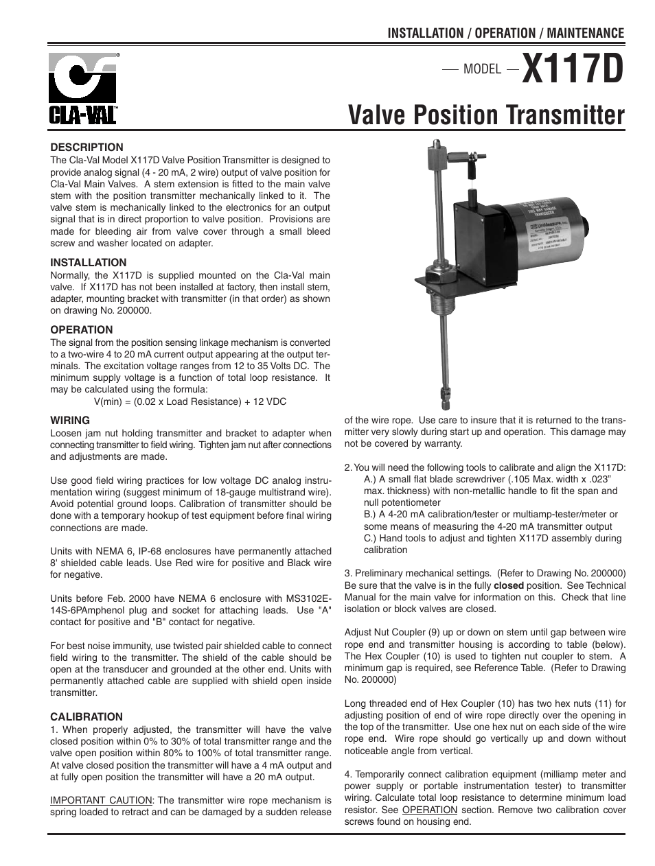 X117d, Valve position transmitter | Cla-Val 133-01/633-01 User Manual | Page 38 / 47