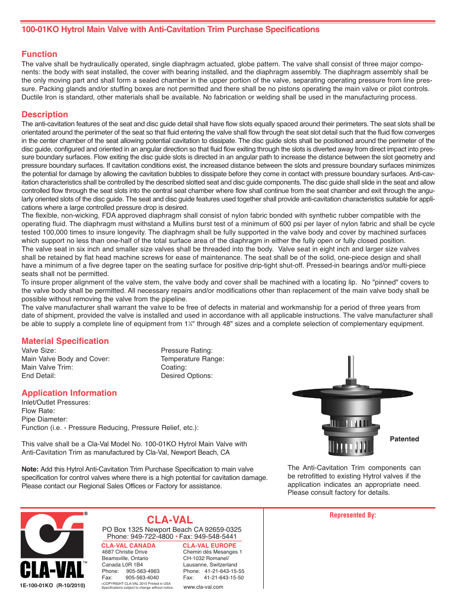 Cla-val, Description, Material specification | Application information | Cla-Val 61-02KO/661-02KO Trim User Manual | Page 4 / 4