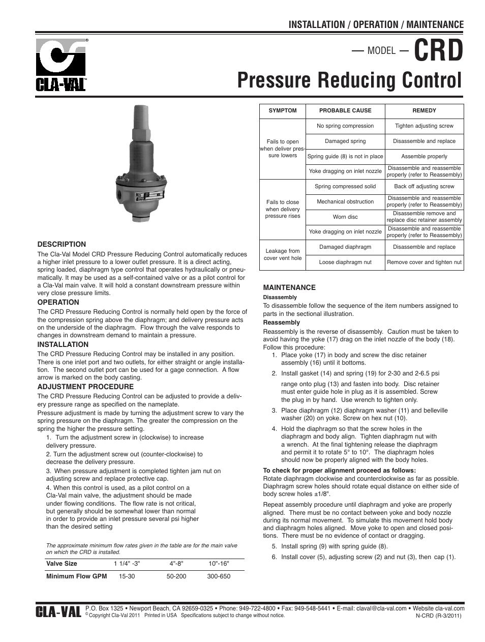 Pressure reducing control, Cla-val, Model installation / operation / maintenance | Cla-Val 94-01/694-01 User Manual | Page 21 / 35