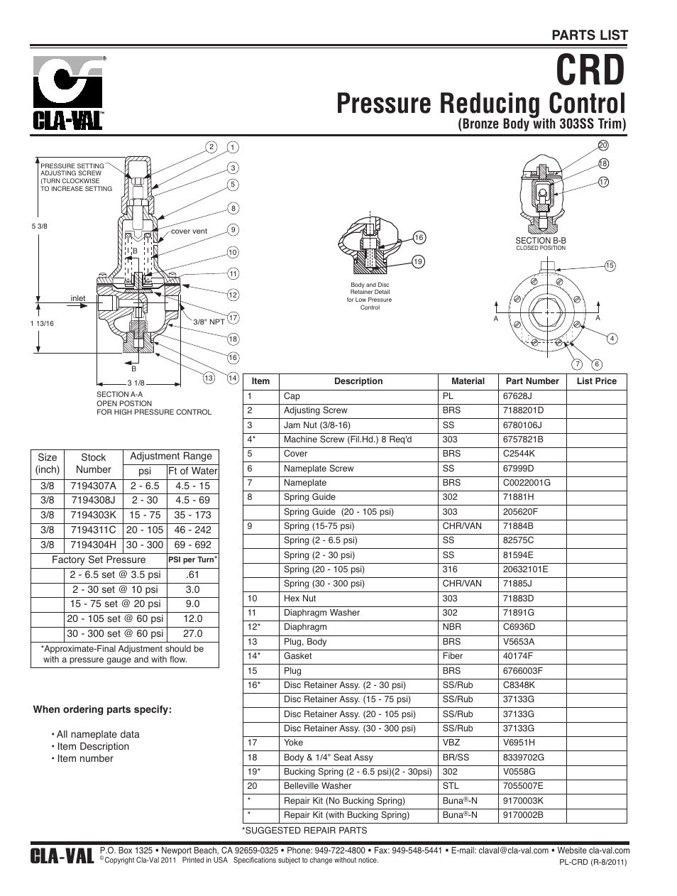 Pressure reducing control, Cla-val, Bronze body with 303ss trim) | Parts list | Cla-Val 94-01/694-01 User Manual | Page 22 / 35