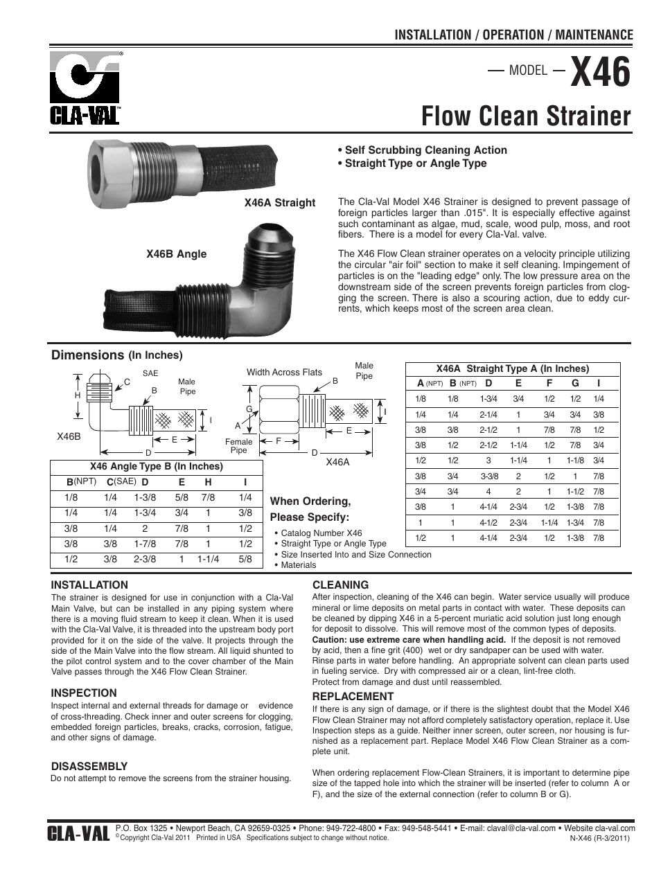 Flow clean strainer, Cla-val, Dimensions | Model installation / operation / maintenance | Cla-Val 94-01/694-01 User Manual | Page 26 / 35