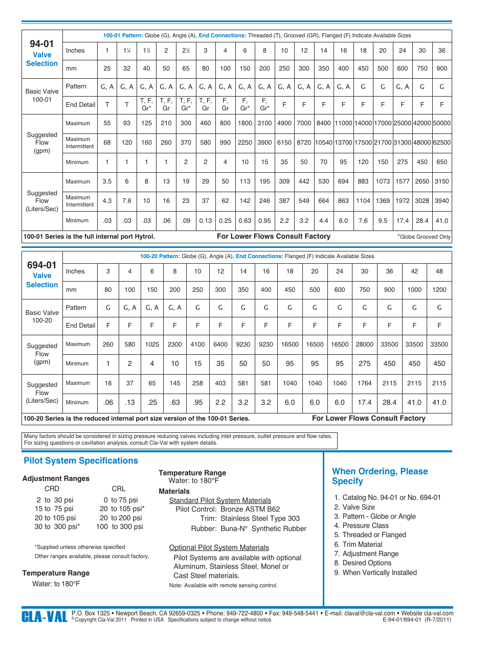 Cla-val, When ordering, please specify, Pilot system specifications | Cla-Val 94-01/694-01 User Manual | Page 8 / 35