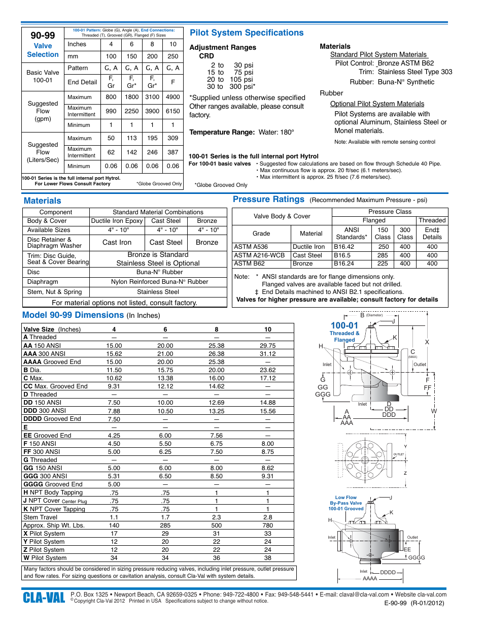 Cla-val, Model 90-99 dimensions, Pilot system specifications | Materials, Pressure ratings | Cla-Val 90-99 User Manual | Page 2 / 2