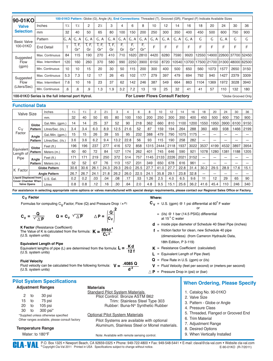 Cla-val, 01ko, When ordering, please specify | Pilot system specifications | Cla-Val 90-01KO User Manual | Page 8 / 37