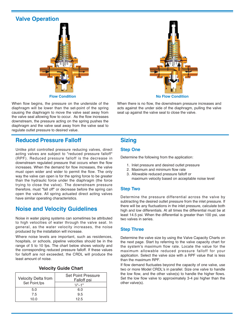 E-crd-l_3-4 &1'' final draft_2, Reduced pressure falloff, Noise and velocity guidelines | Sizing, Valve operation | Cla-Val CRD-L User Manual | Page 2 / 4