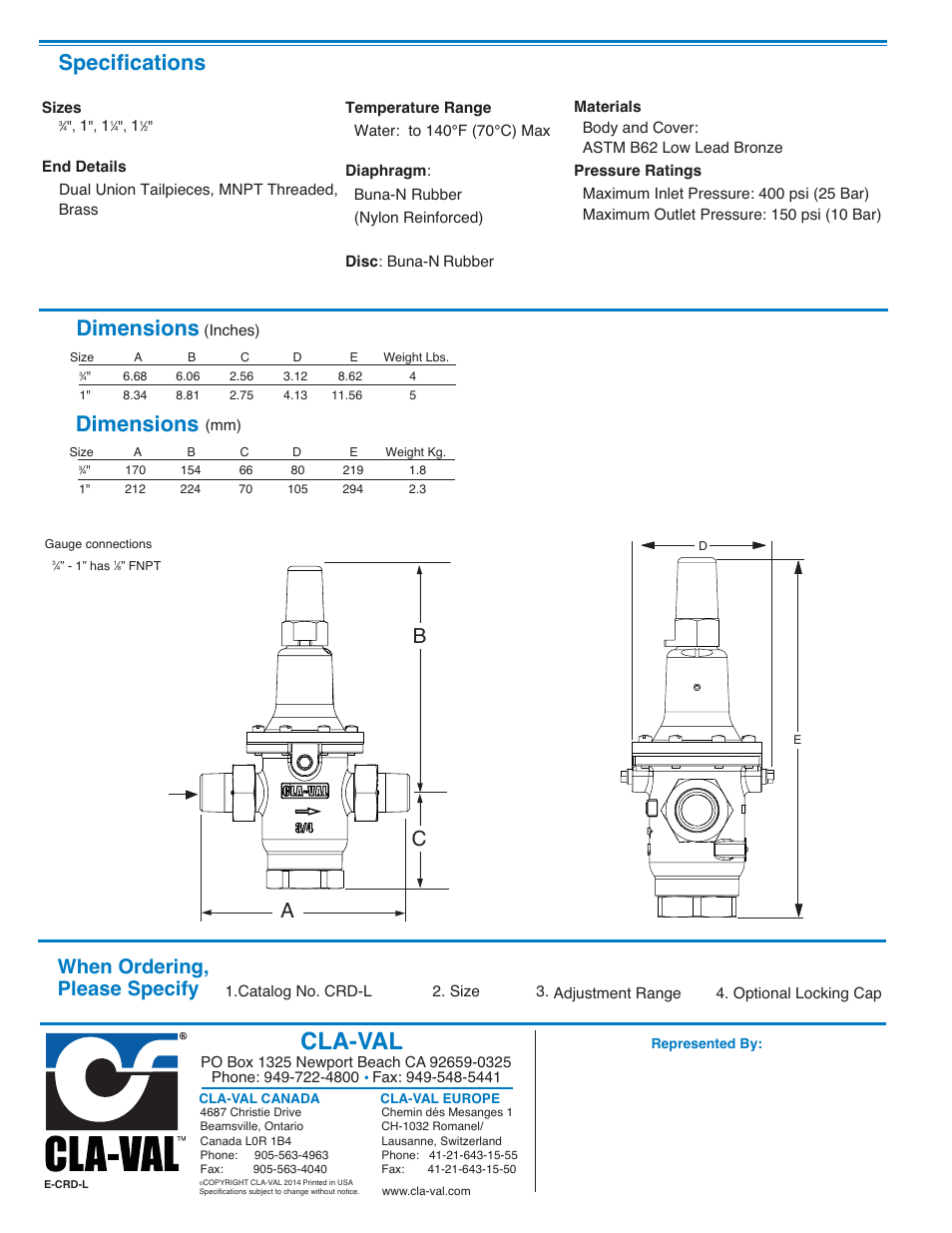E-crd-l_3-4 &1'' final draft_4, Cla-val, Specifications dimensions | Dimensions, When ordering, please specify, Bc a | Cla-Val CRD-L User Manual | Page 4 / 4