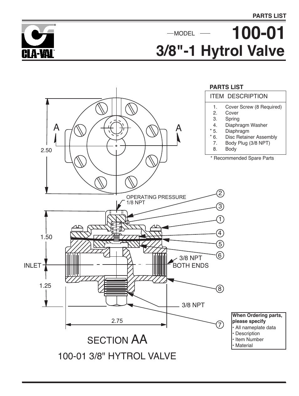 3/8"-1 hytrol valve, 01 3/8" hytrol valve | Cla-Val 138-01/638-01 User Manual | Page 21 / 31