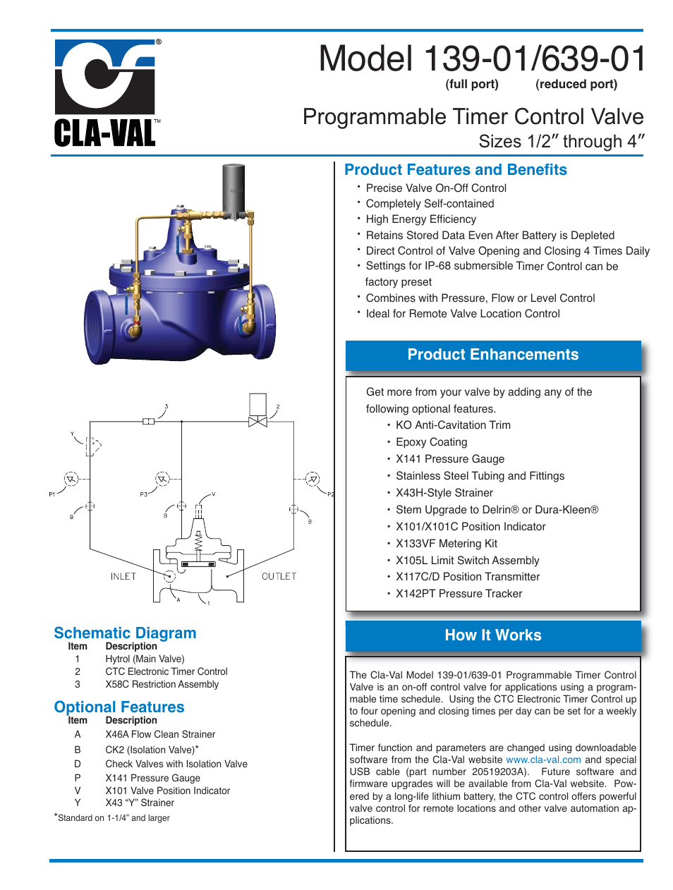 Programmable timer control valve, Sizes 1/2” through 4, Product features and benefits | Product enhancements schematic diagram, Optional features, How it works | Cla-Val 139-01/639-01 User Manual | Page 4 / 27