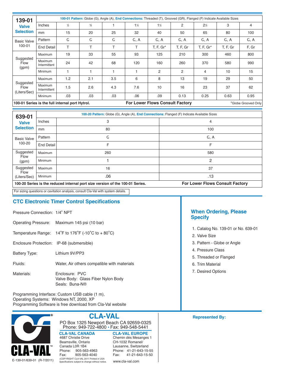 Cla-val, When ordering, please specify, Ctc electronic timer control specifications | Cla-Val 139-01/639-01 User Manual | Page 7 / 27