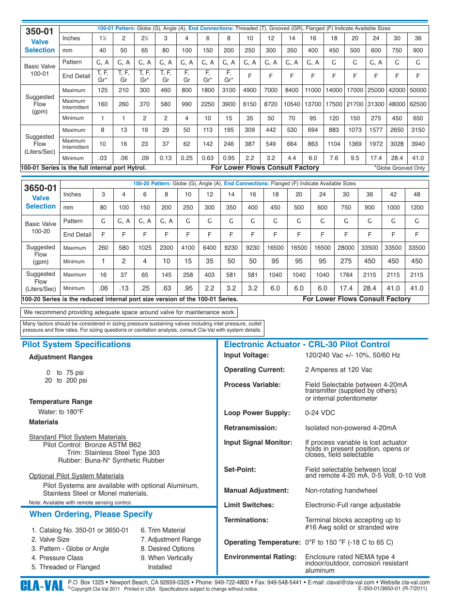 Cla-val, When ordering, please specify | Cla-Val 350-01/3650-01 User Manual | Page 8 / 39