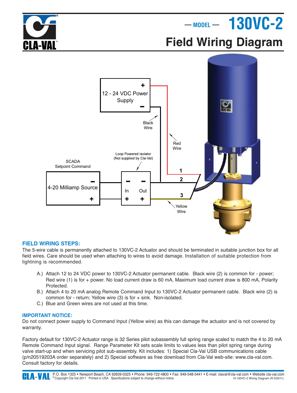 130vc-2, Field wiring diagram, Cla-val | Cla-Val 350-07/3650-07 User Manual | Page 18 / 40