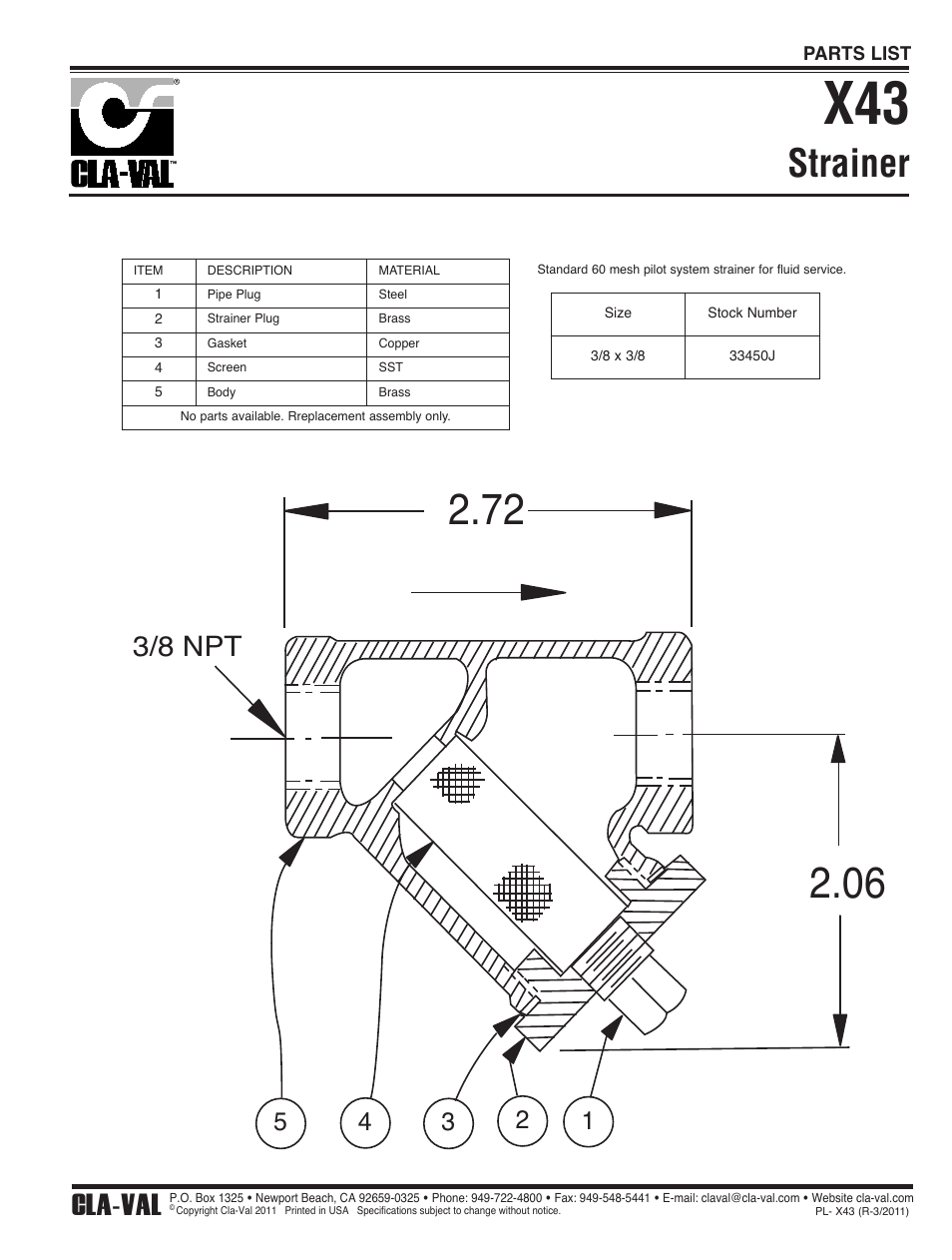 Strainer, 3/8 npt, Cla-val | Cla-Val 350-07/3650-07 User Manual | Page 38 / 40
