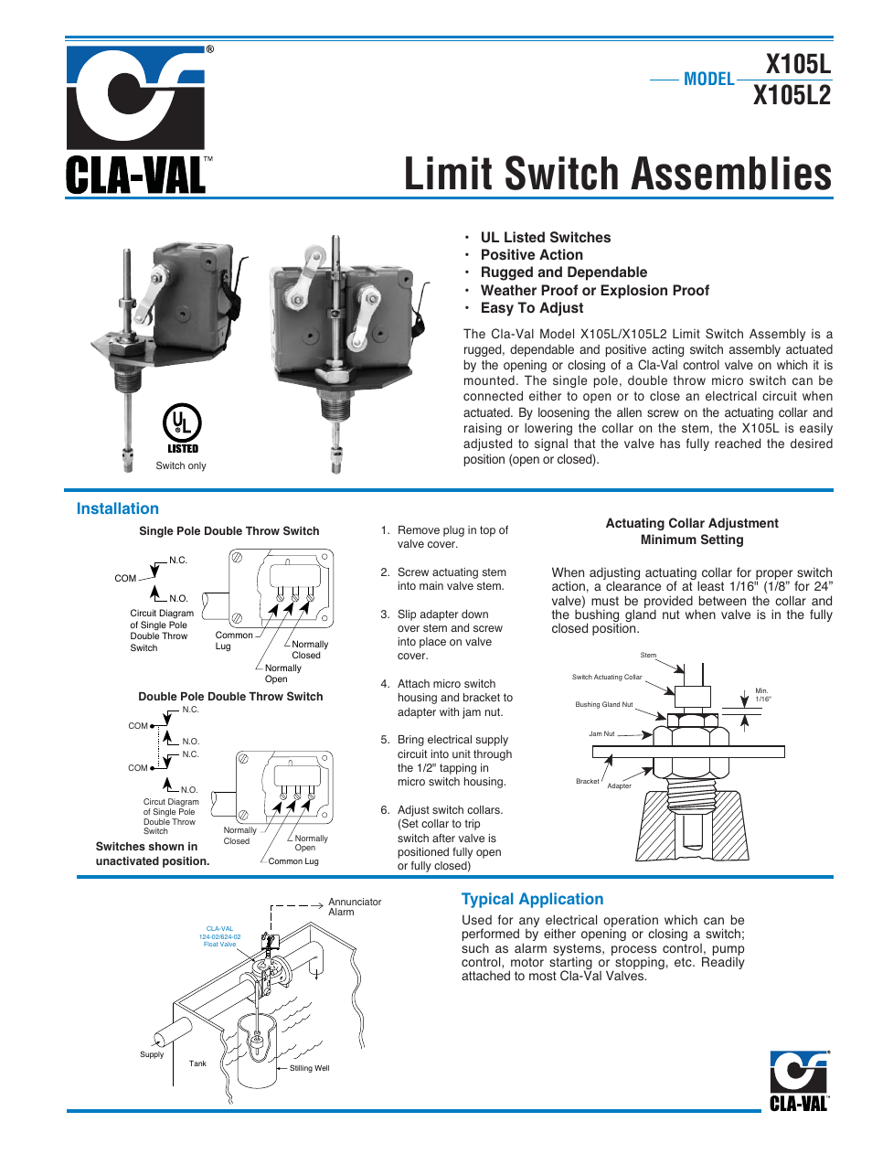Limit switch assemblies, Model, Installation typical application | Cla-Val 393-01/3693-01 User Manual | Page 41 / 54