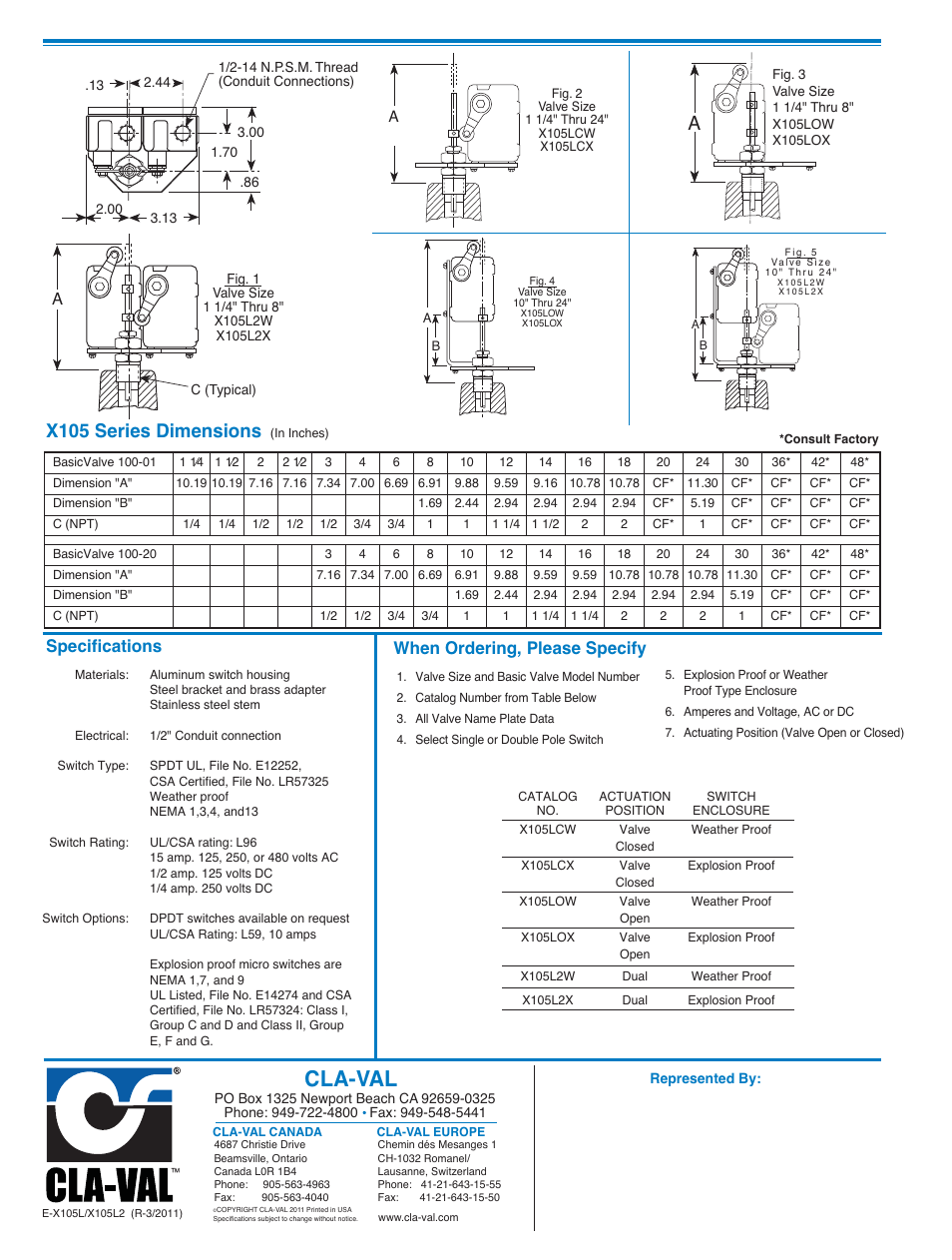 Cla-val, X105 series dimensions, Specifications | When ordering, please specify | Cla-Val 393-01/3693-01 User Manual | Page 42 / 54