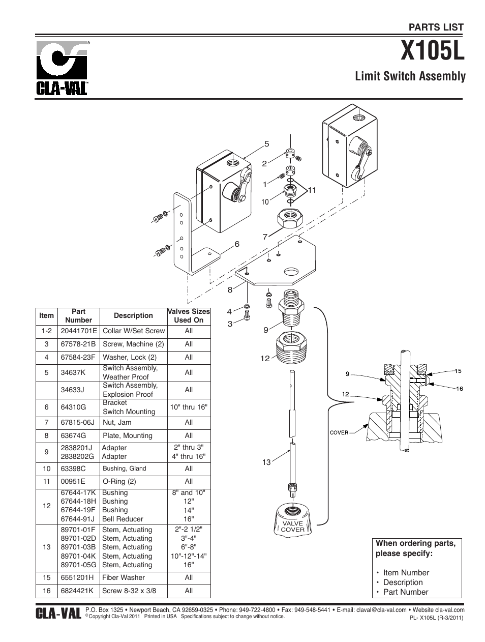 X105l, Cla-val, Limit switch assembly | Parts list | Cla-Val 393-01/3693-01 User Manual | Page 43 / 54