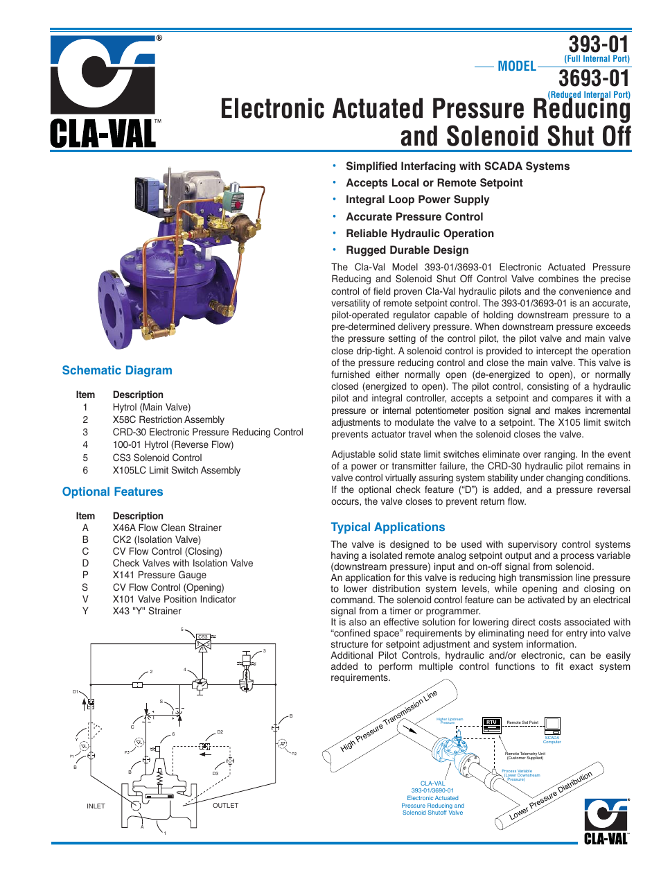 Model, Typical applications schematic diagram, Optional features | Cla-Val 393-01/3693-01 User Manual | Page 5 / 54