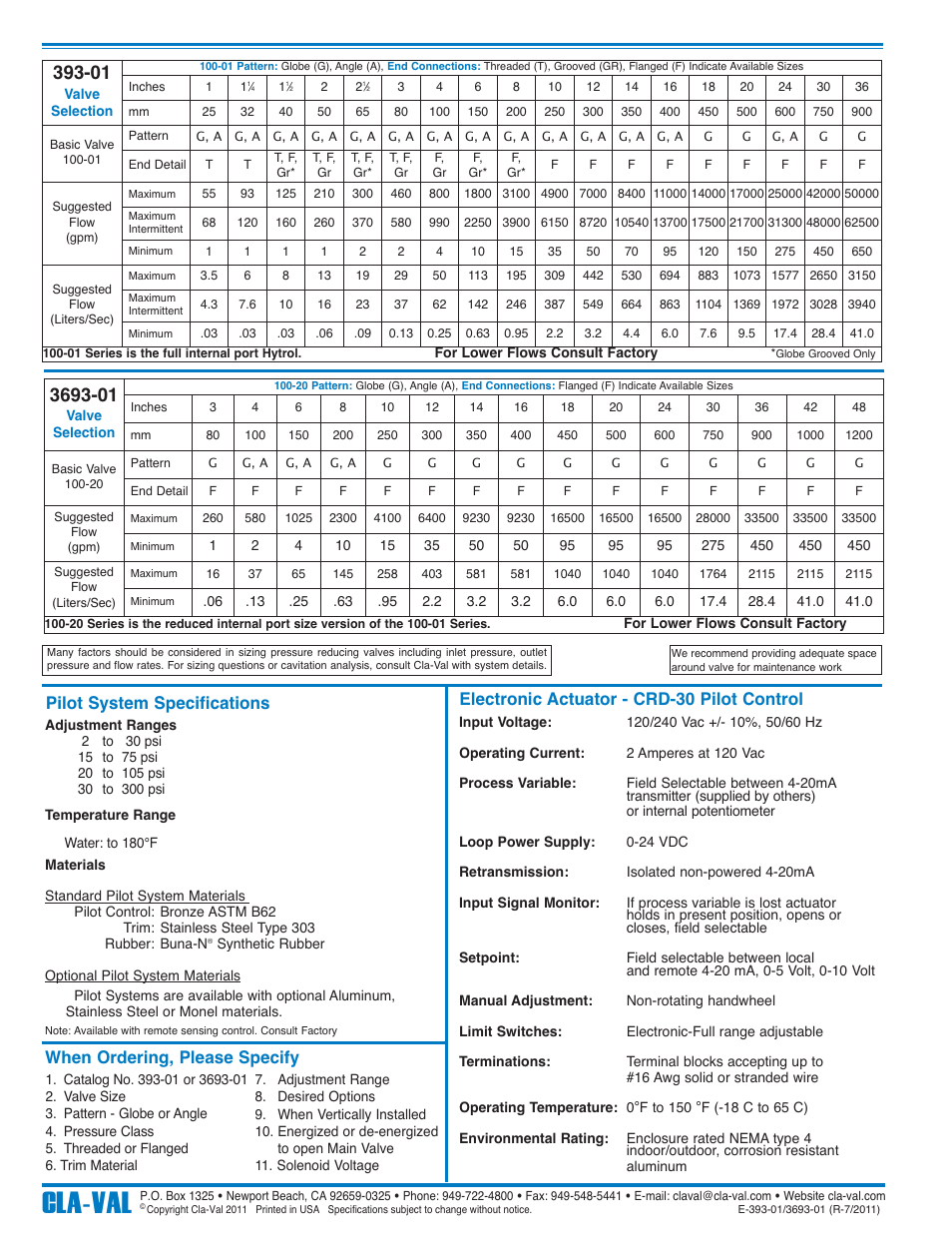 Cla-val, When ordering, please specify | Cla-Val 393-01/3693-01 User Manual | Page 8 / 54